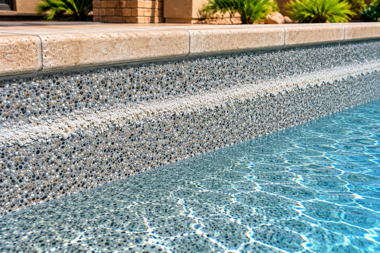 Illustration of heavy calcium buildup along a PebbleTec swimming pool waterline