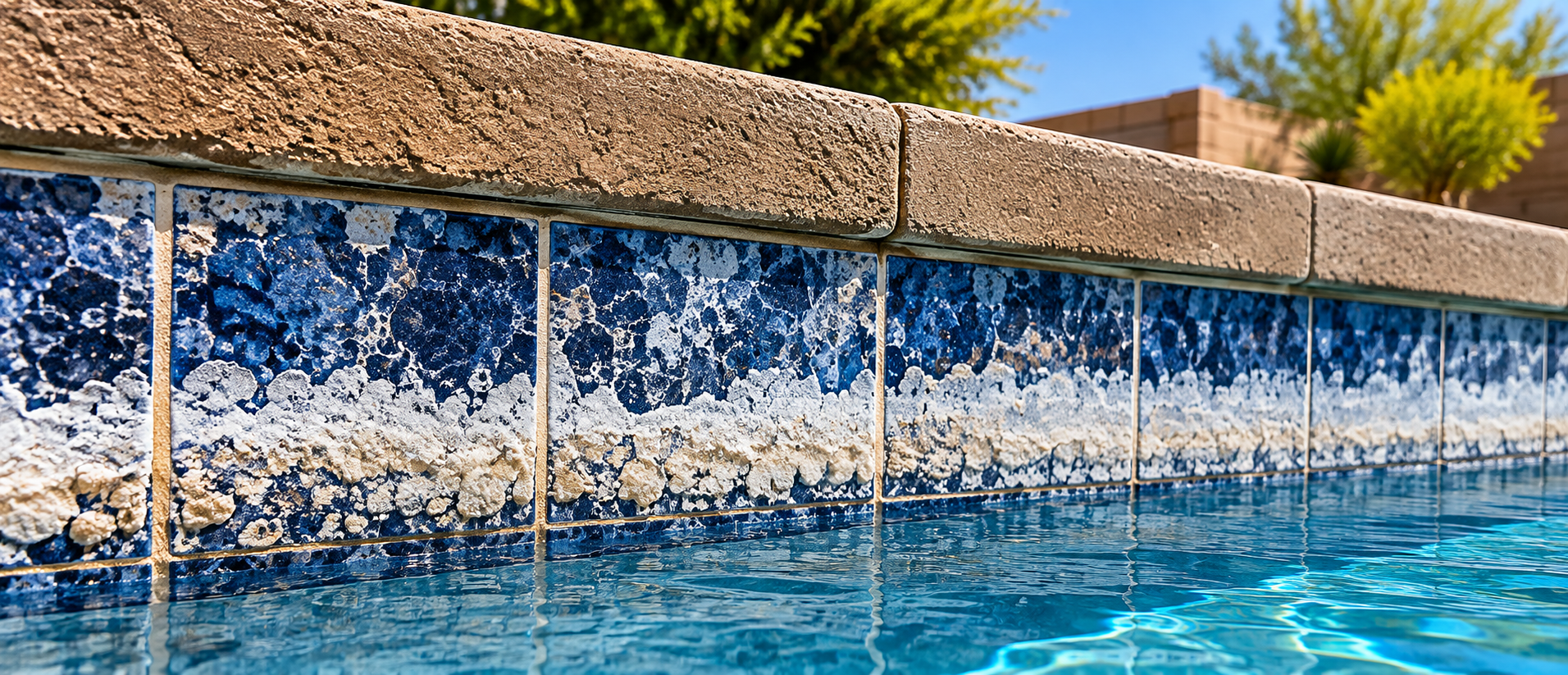 Heavy calcium and hard water buildup covering porcelain pool tile at a Chandler Arizona pool