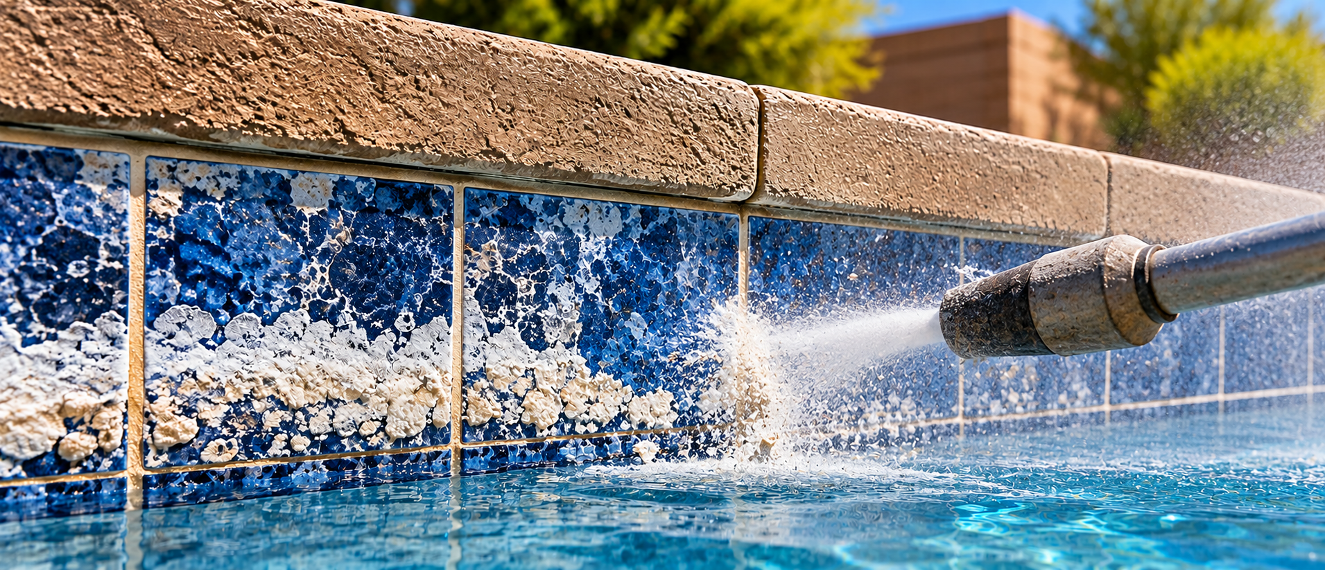 Pool tile cleaning process removing calcium buildup from blue porcelain tile