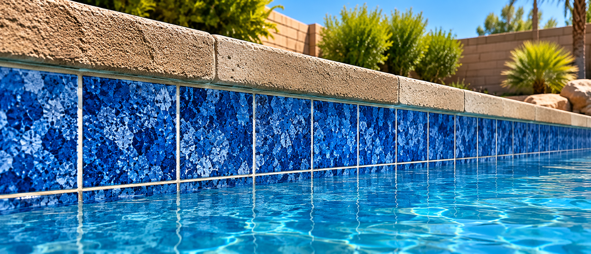 Clean blue porcelain swimming pool tile after calcium removal in Chandler Arizona