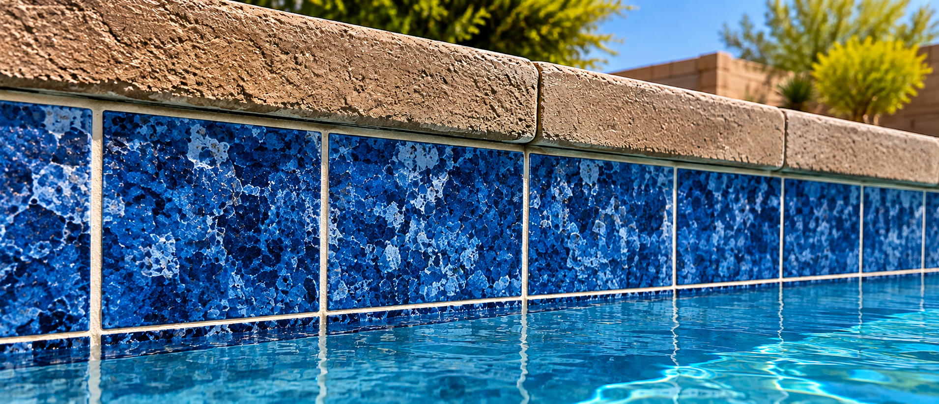 Clean blue porcelain pool tile after calcium removal in Chandler Arizona