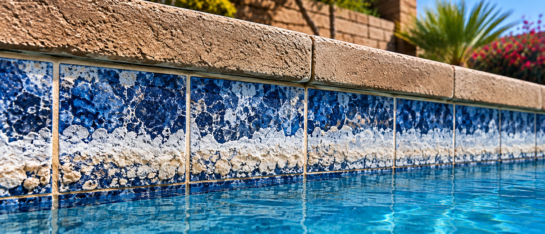 Inspecting heavy calcium and mineral scale on porcelain pool tile in Chandler Arizona